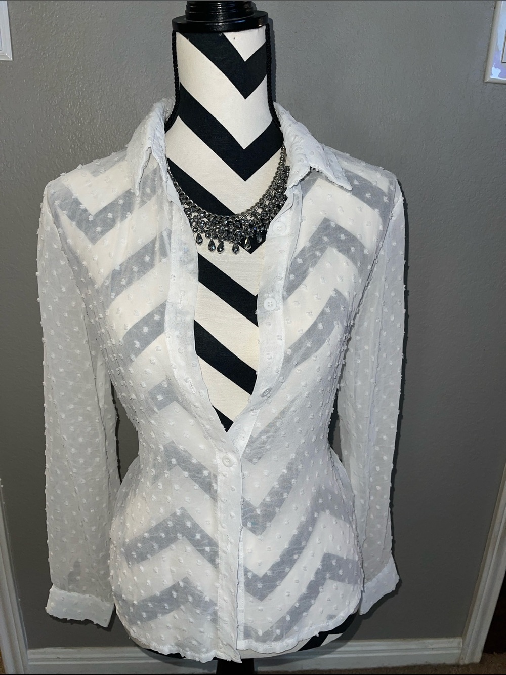 Sheer White Swiss Dot Button-Up Shirt